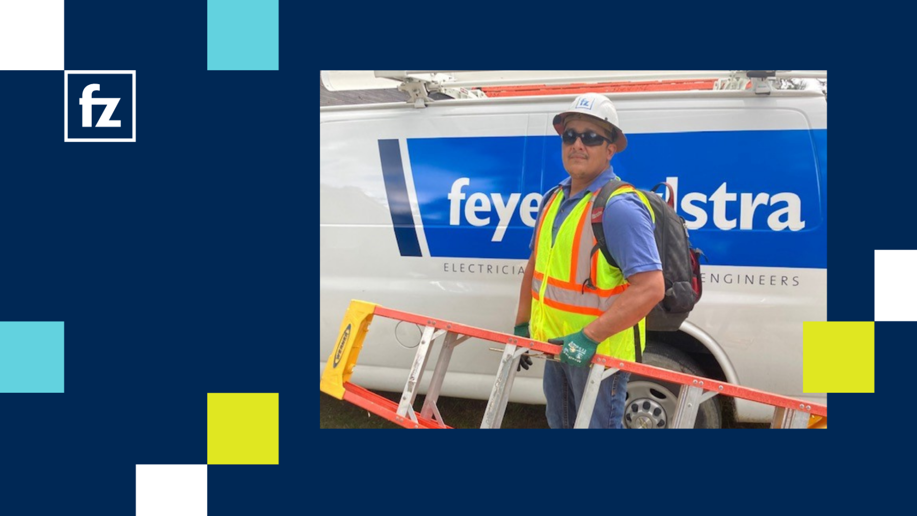 Oliver Osorio wearing PPE and holding a ladder in front of an FZ truck