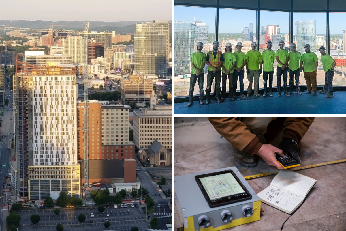 Photo collage of downtown Nashville, FZ apprentices, and FZ electrician onsite - nashville electrical contractor