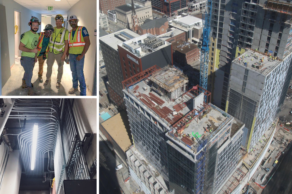 Collage of bird's eye view of a high rise, group of FZers, and conduit overhead - nashville electrical contractor