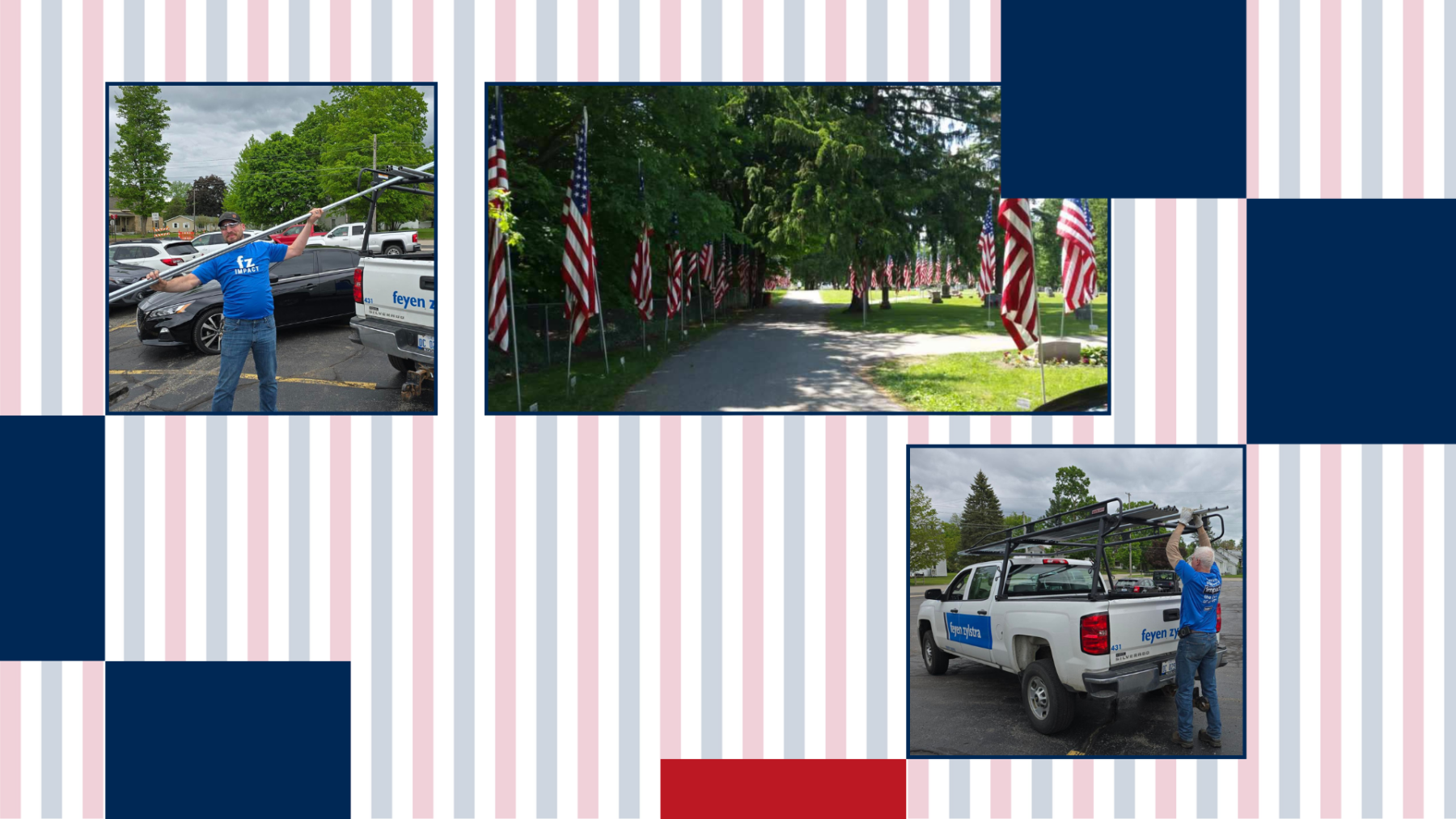 Ben Pilger and Randy Davis delivering thirty flag poles, and the flag poles lining the driveway to the Cedar Springs Cemetary