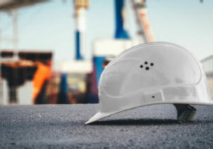 a white hard hat on the ground with a job site faded in the back